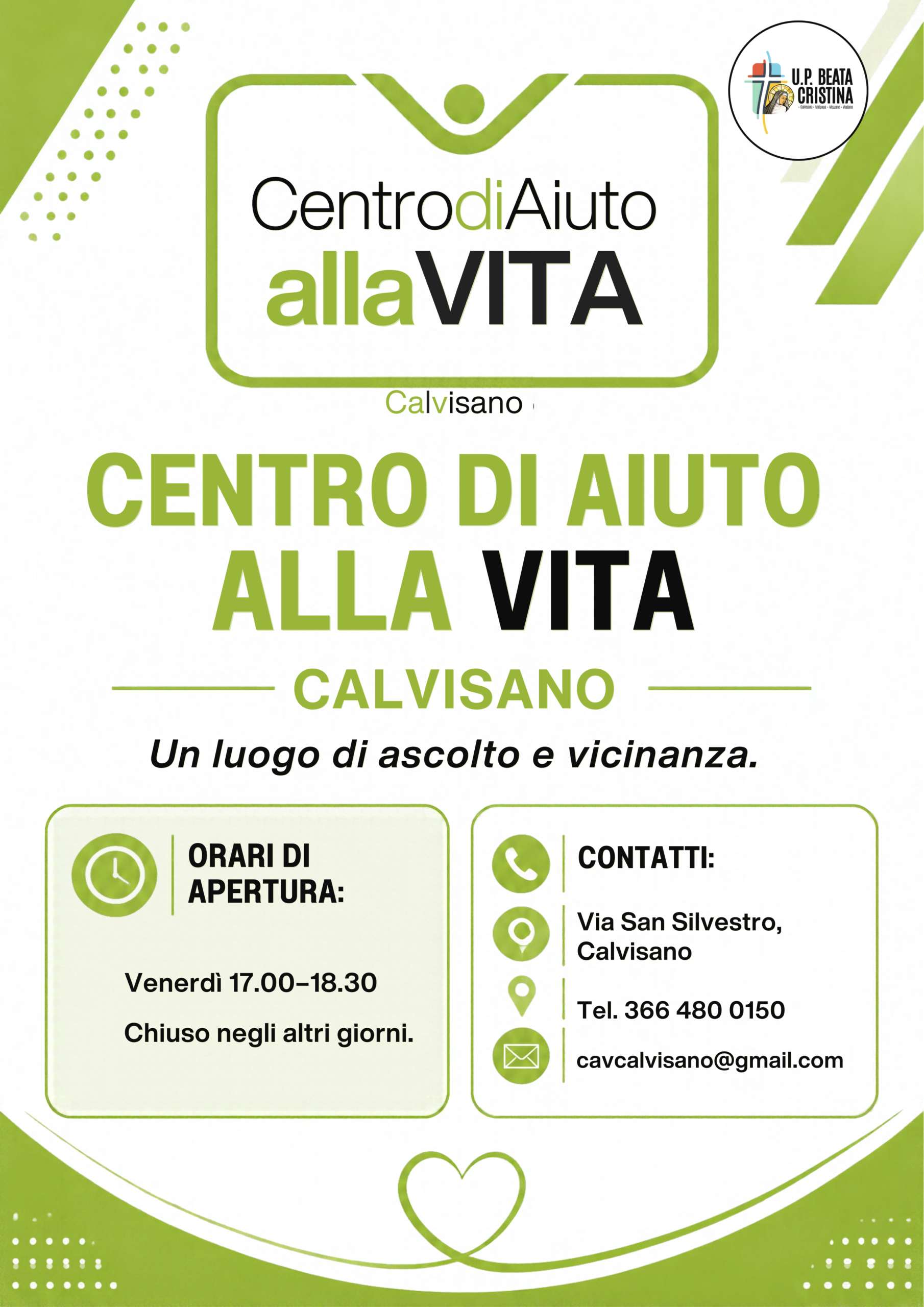 Centro di Aiuto alla Vita di Calvisano: un luogo di ascolto e vicinanza. Aperto il venerdì 17-18.30, via San Silvestro, tel. 366 480 0150