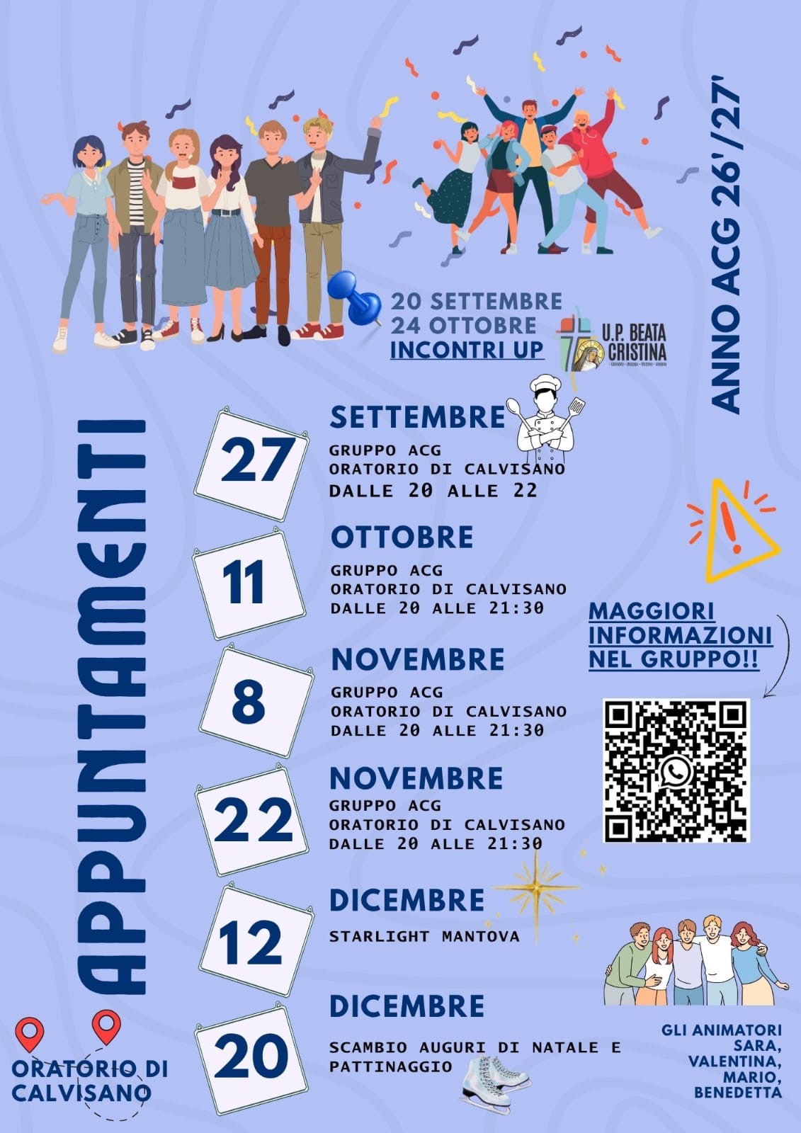 Calendario del Gruppo ACG adolescenti, anno 2026/2027, all'Oratorio di Calvisano