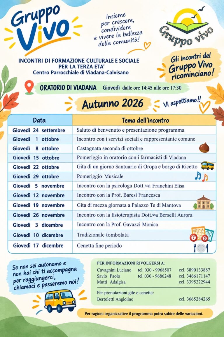 Gruppo Vivo, Oratorio di Viadana: programma degli incontri dell'autunno 2026 per la terza età
