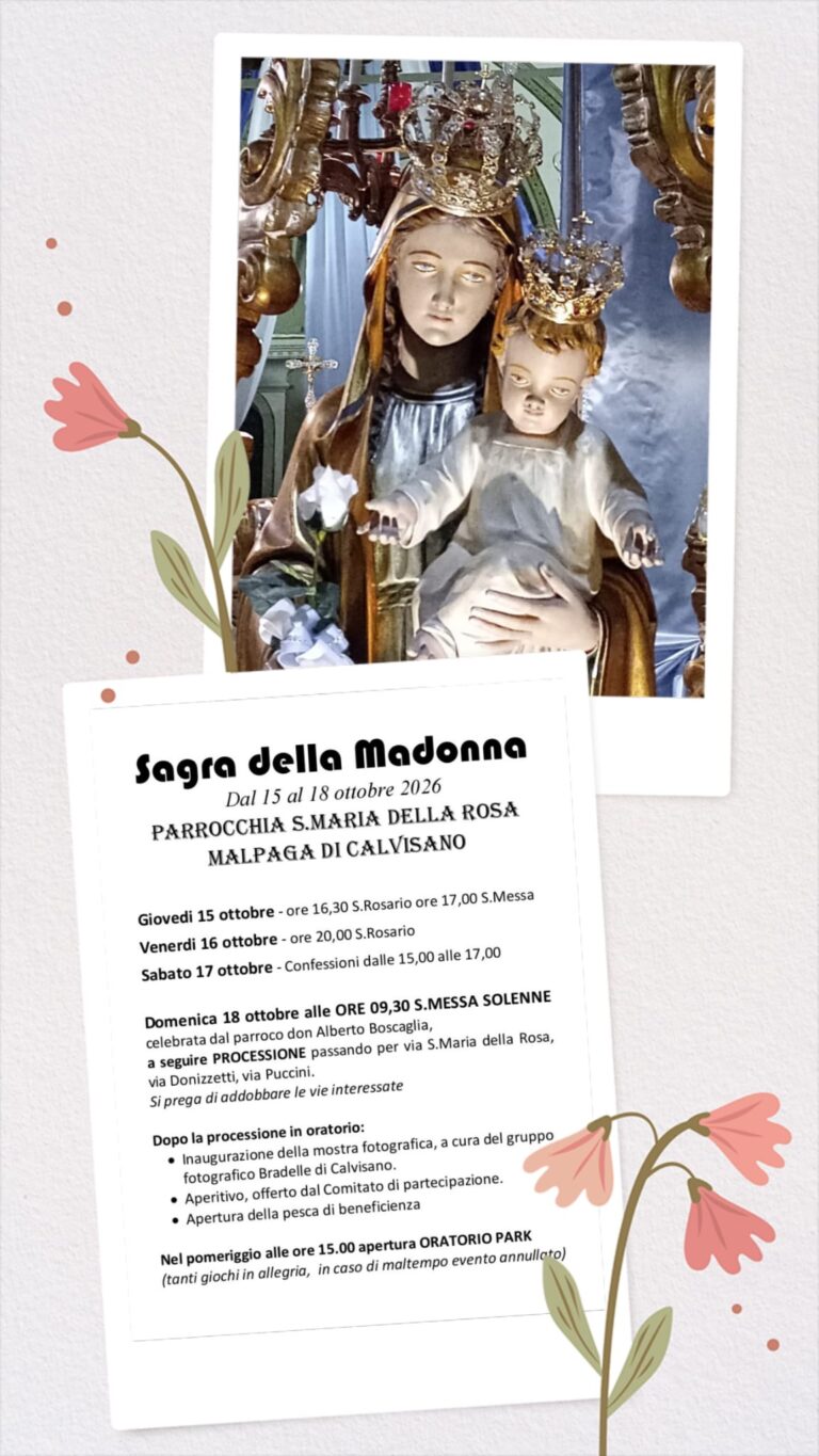 Programma della Sagra della Madonna a Malpaga dal 15 al 18 ottobre 2026: Rosario, Messa, confessioni, Messa solenne, processione, mostra e Oratorio Park