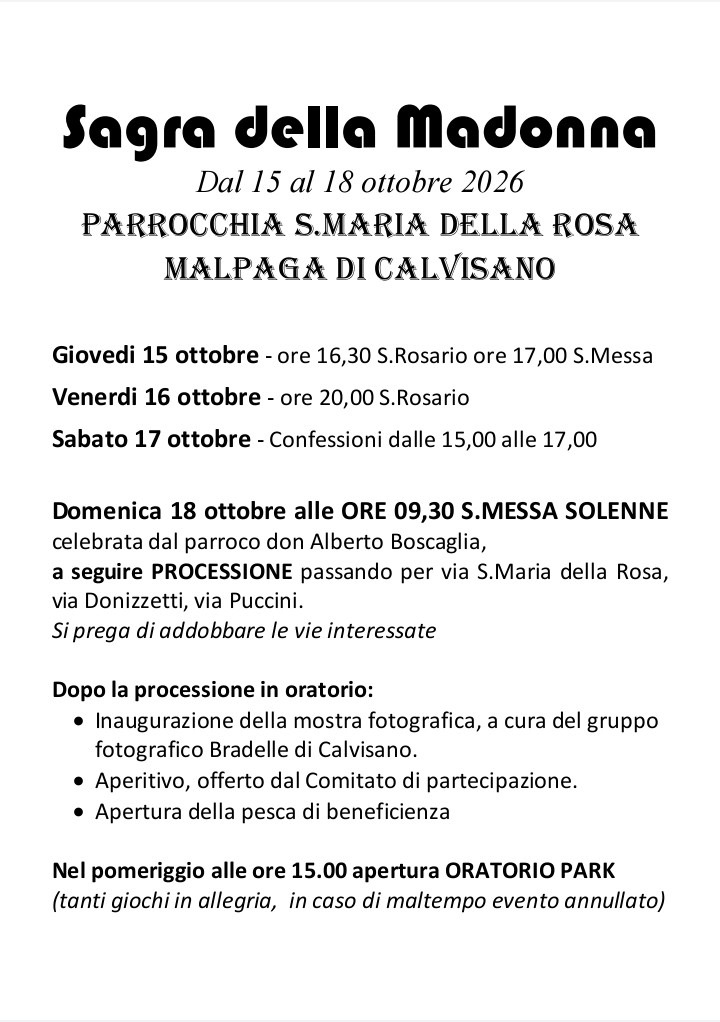 Sagra della Madonna a Malpaga, 15-18 ottobre 2026: il programma con l'Oratorio Park di domenica pomeriggio