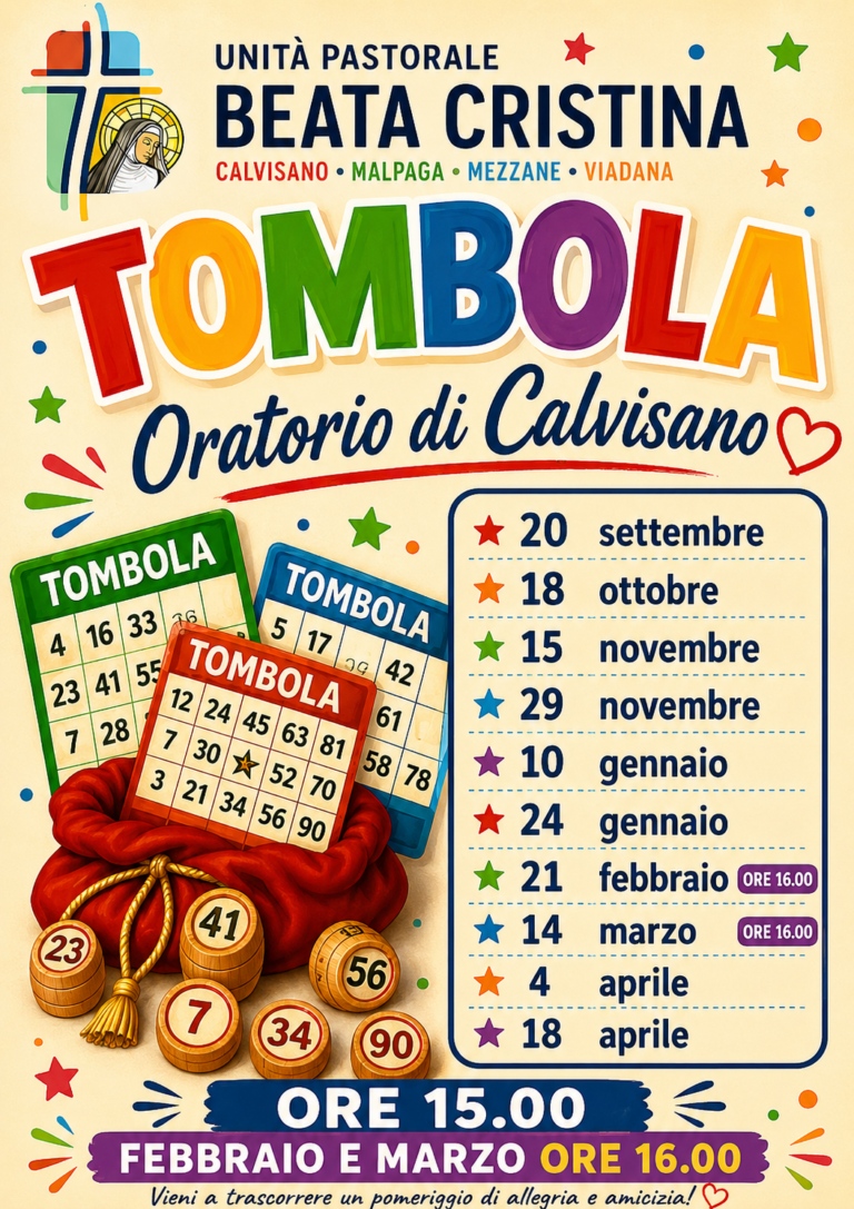 Calendario della tombola all'Oratorio di Calvisano, anno 2026/2027