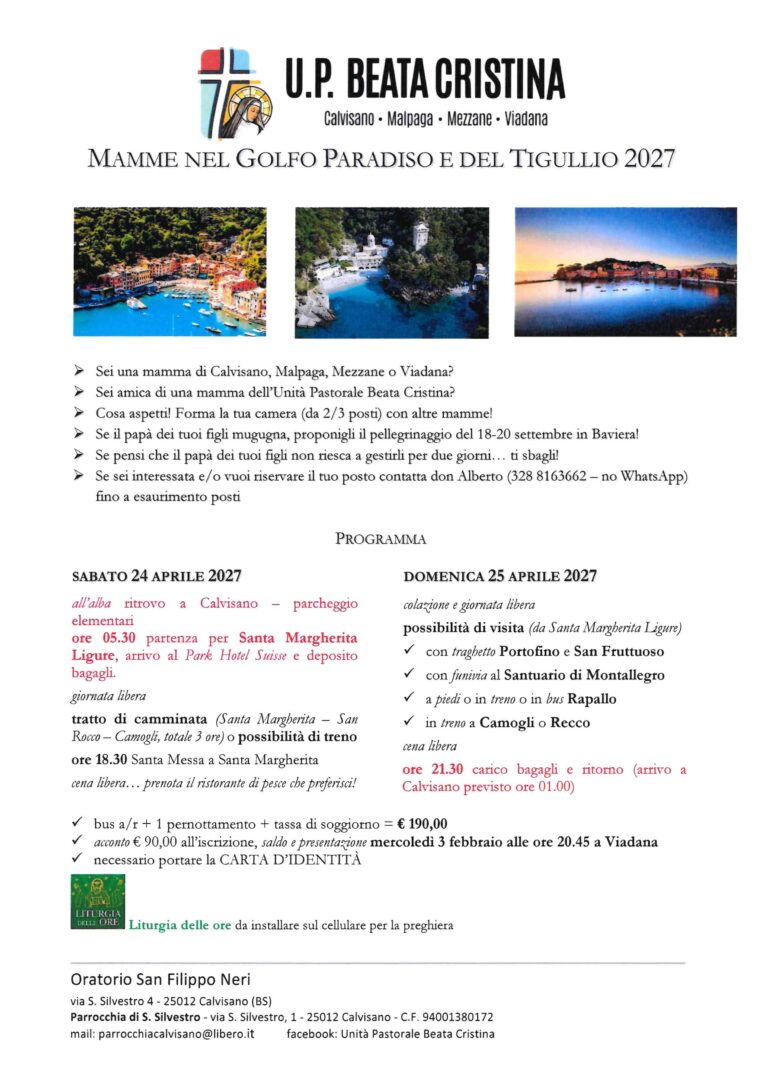 Mamme nel Golfo Paradiso e del Tigullio, 24-25 aprile 2027: programma, quota 190 euro, acconto 90 euro, iscrizioni da don Alberto