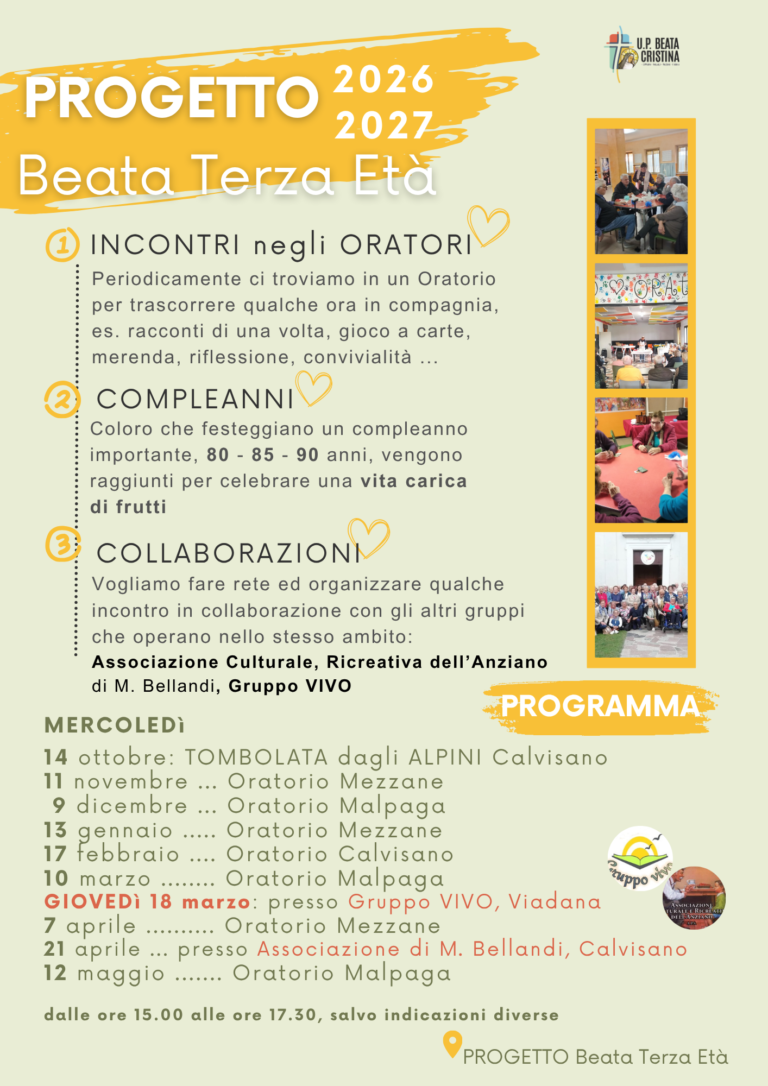 Progetto Beata Terza Età 2026-2027: incontri negli oratori dell'Unità Pastorale