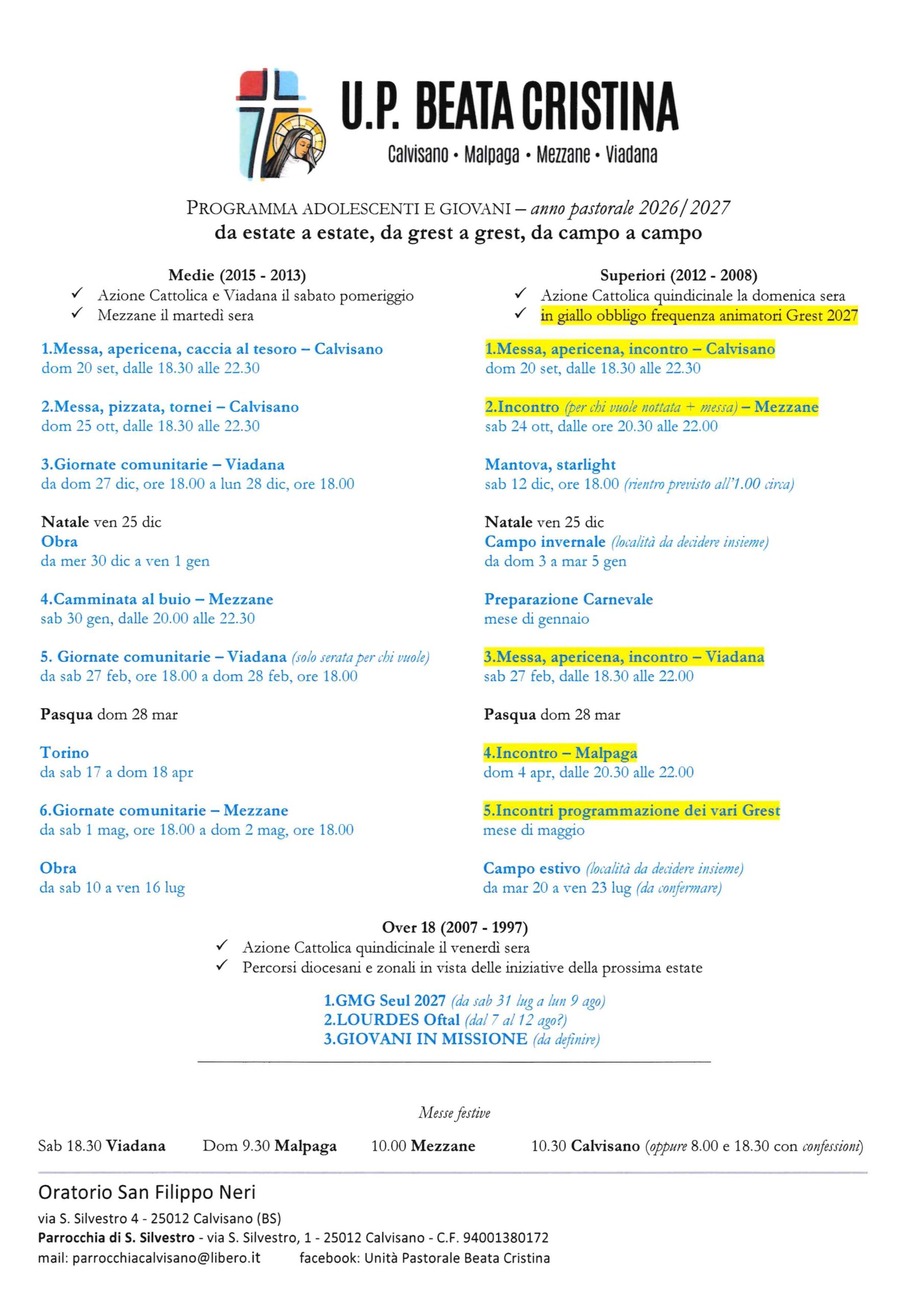Programma 2026/2027 per adolescenti e giovani
