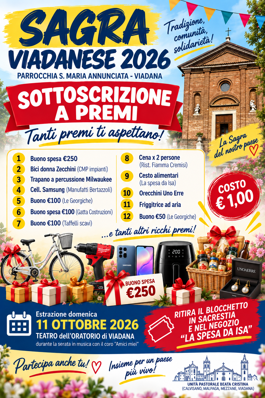 Sagra Viadanese 2026: sottoscrizione a premi, estrazione domenica 11 ottobre al Teatro dell'Oratorio di Viadana