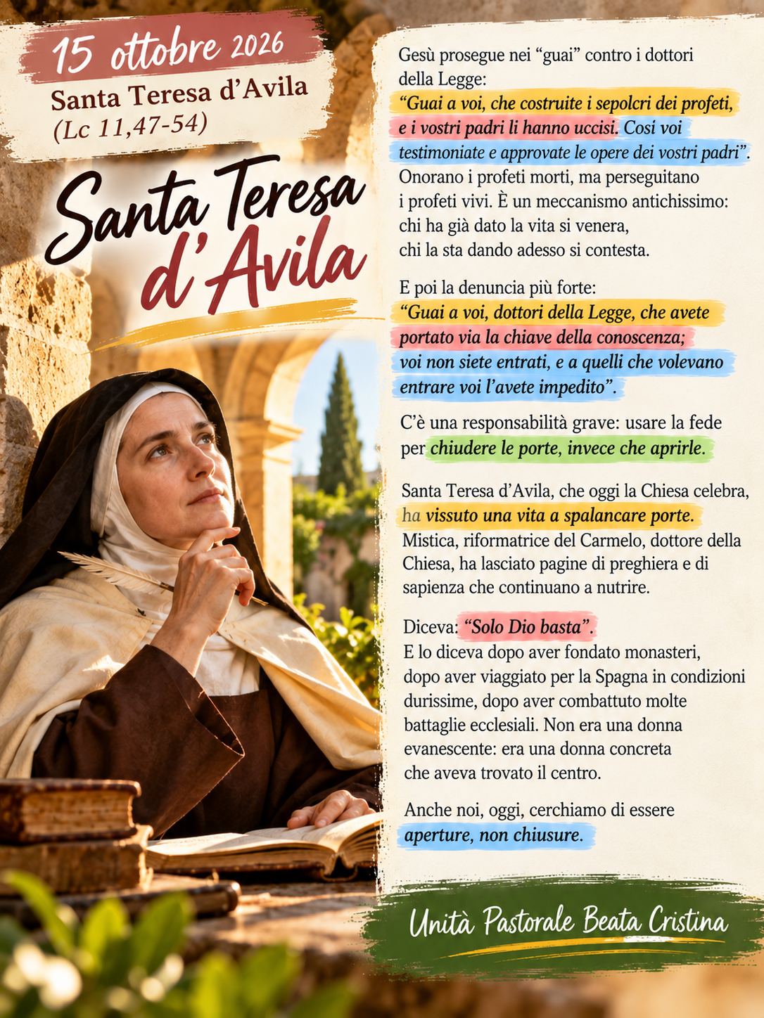Commento al Vangelo del 15 ottobre, Santa Teresa d'Avila