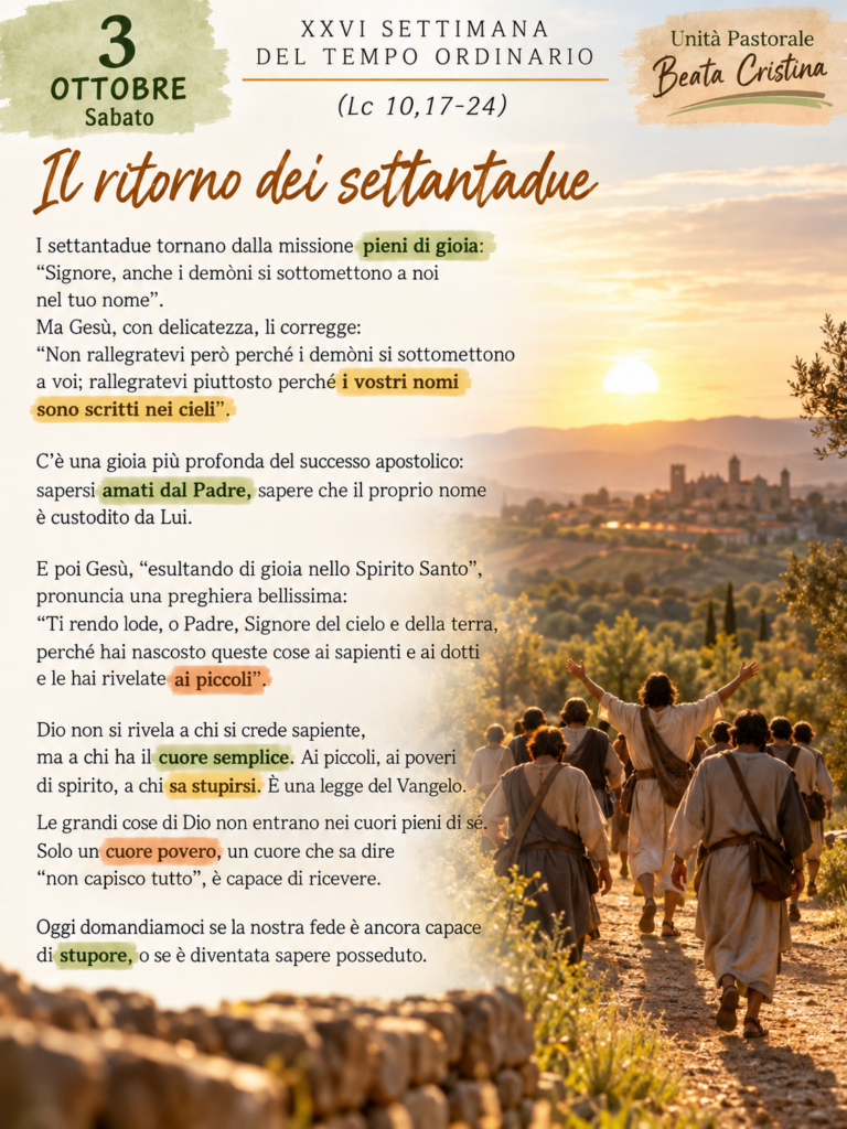 Commento al Vangelo del 3 ottobre (Lc 10,17-24): Il ritorno dei settantadue