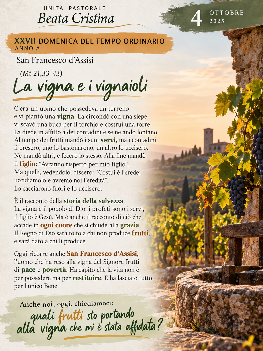 Commento al Vangelo di domenica 4 ottobre (Mt 21,33-43)