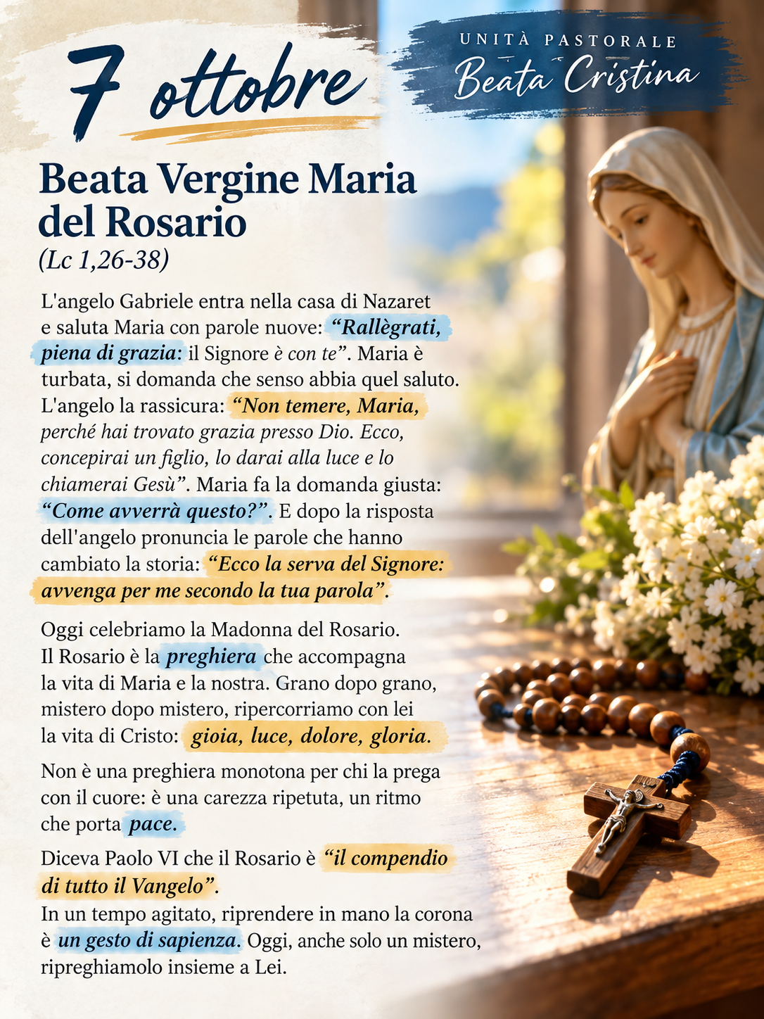 Commento al Vangelo del 7 ottobre, Beata Vergine Maria del Rosario