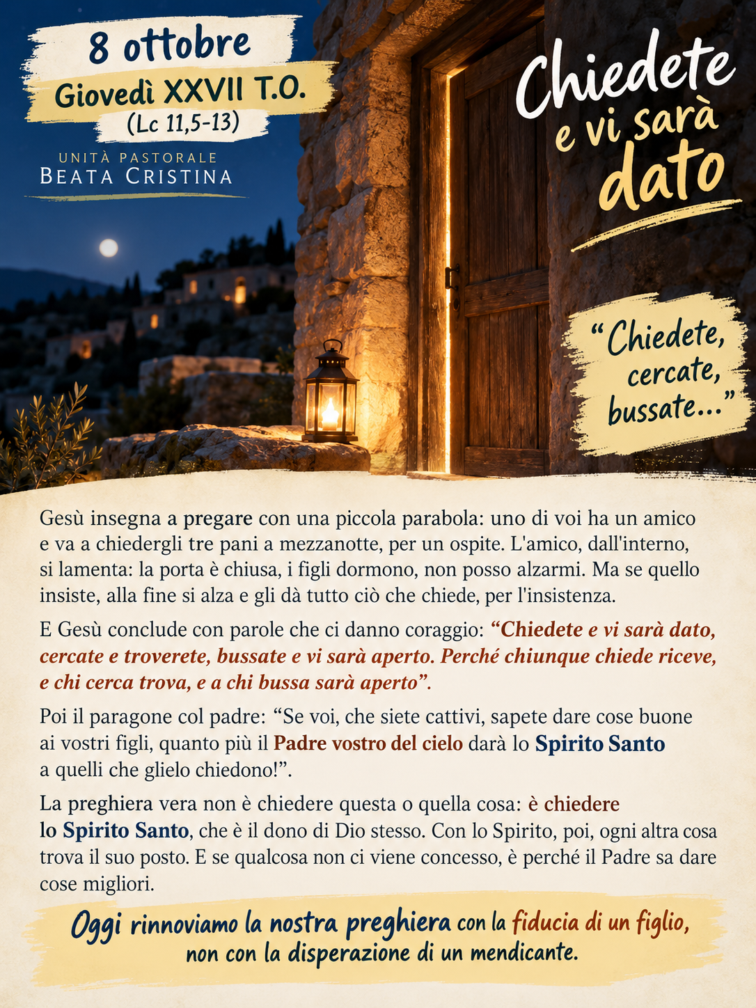Commento al Vangelo dell'8 ottobre (Lc 11,5-13): Chiedete e vi sarà dato